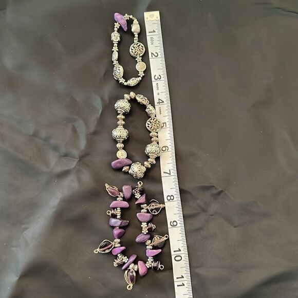 NWT Angela Designs 3 handmade amethyst & silver color beaded stretchy bracelets - Picture 8 of 8